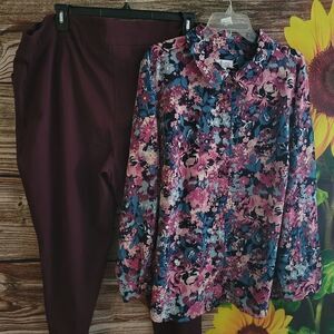 "D&COMPANY " top "Terra Sky " cropped pants Size: 3XL, wine floral Pre-owned